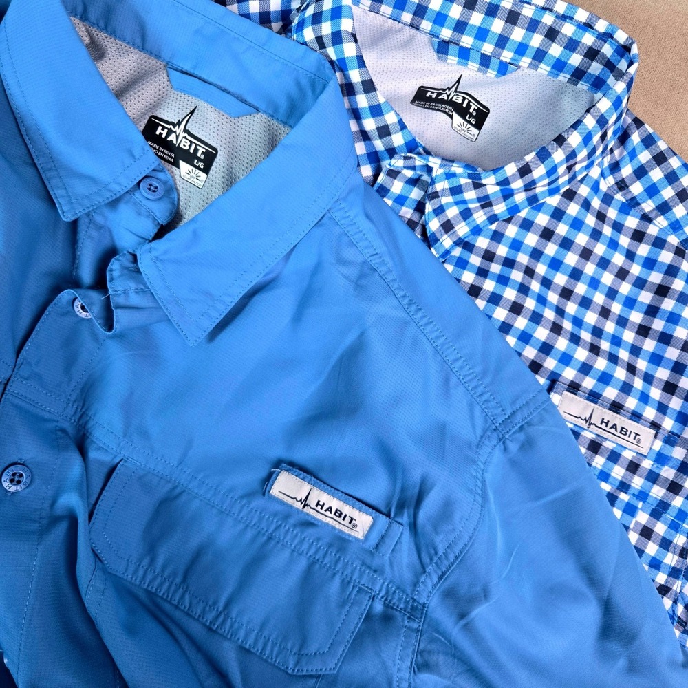 Habit Mens Fishing Shirts Lot of 2 Blue Gingham Solid Short Sleeve UPF Large